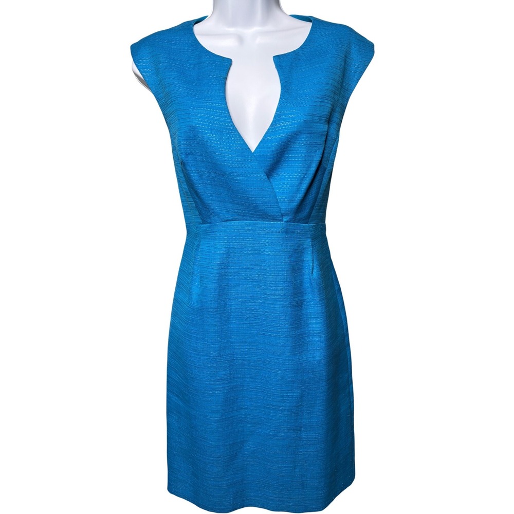 TRINA TURK Womens Blue Sheath Dress 4 Textured Split Neck Cap Sleeve‎ Cocktail